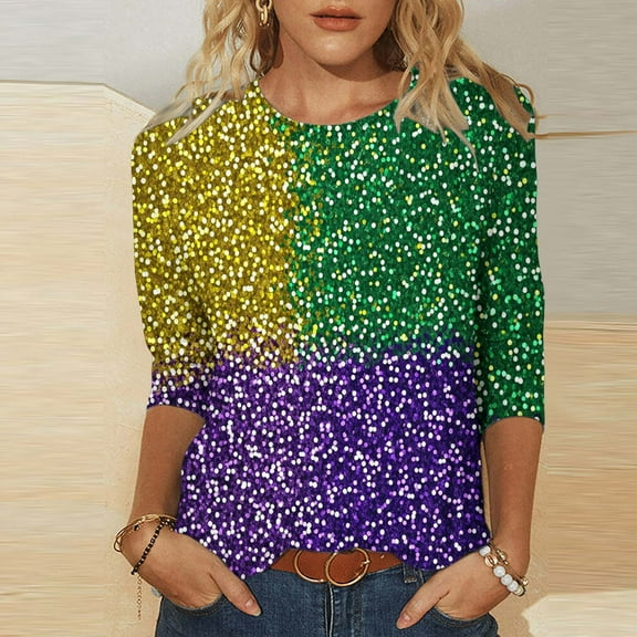 REORIAFEE Shirts for Women Graphic Tees Mardi Gras Green Purple Yellow 3/4 Sleeve Shirts Crewneck Carnival Fancy Tees Theme Party Funny Tops Loose Blouse Green S