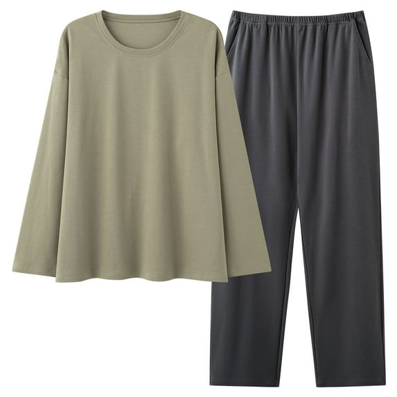 REORIAFEE Sleepwear for Women Pants 2 Piece Plus Size Pajama with Pockets Long Sleeve Cotton Top and Pant Solid Color Loungewear Army Green L-4XL