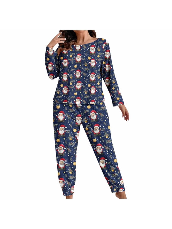 Sleepwear for Women Pants Christmas 2 Piece Plus Size Pajama Long Sleeve Top and Jogger Santa Graphic Loungewear Black XL-5XL