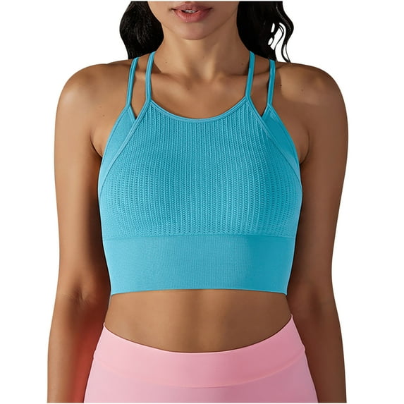 REORIAFEE Sports Bra Tank Tops for Women Sleeveless Tops Round Neck Tanks Quick Dry Crop Shirts Solid Color Pullover Shapewear Spaghetti Strap Vest Summer Going Out Blue