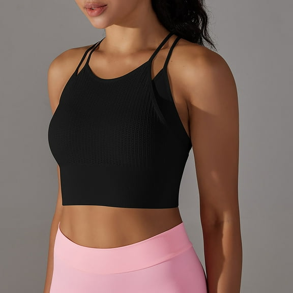 REORIAFEE Sports Bras for Women Round Neck Padded Sports Bra Tank Top Sexy Crisscross Back High Impact Longline Workout Yoga Bra Quick Drying Body Fitness Black M