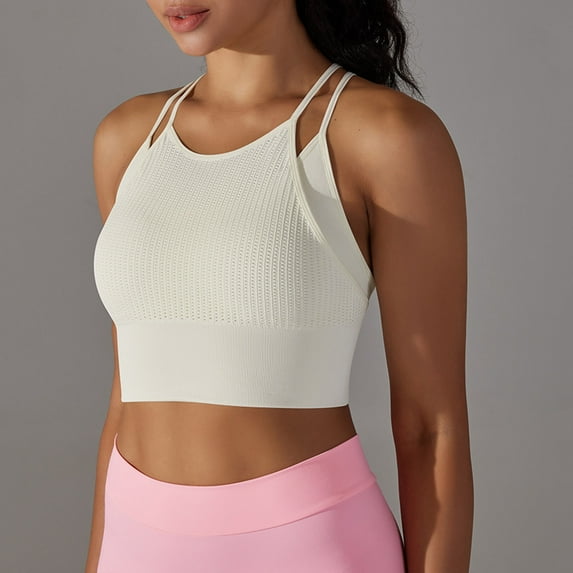 REORIAFEE Sports Bras for Women Round Neck Padded Sports Bra Tank Top Sexy Crisscross Back High Impact Longline Workout Yoga Bra Quick Drying Body Fitness White M
