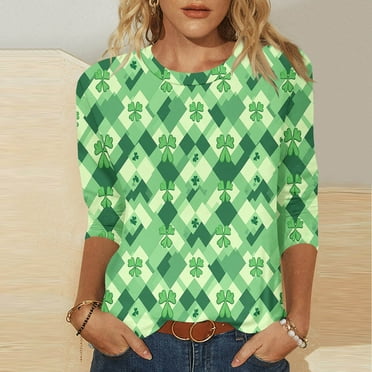 REORIAFEE St Patrick's Day T-Shirt for Womens Printing 3/4 Sleeve TShirts Paddy's Day Crew Neck Casual Tees Loose Fashion Tops Green XL