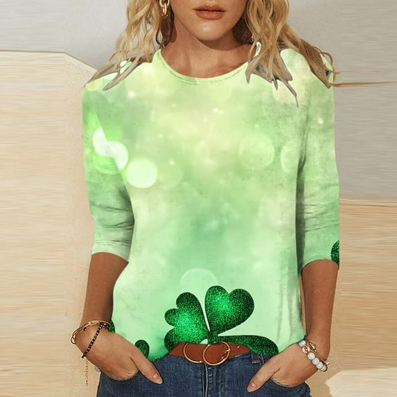 REORIAFEE St. Patricks Day Shirts Women Graphic 3/4 Sleeve T Shirts Paddy's Day Crew Neck Casual Tees Loose Fashion Tops Green M