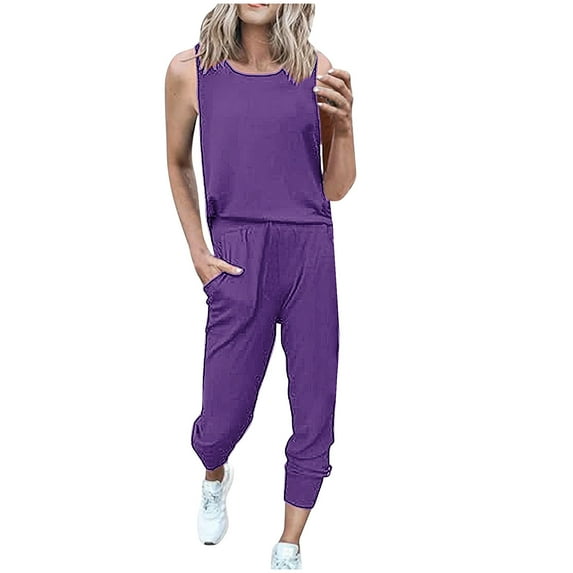 REORIAFEE Summer 2 Piece Outfits Women Sleeveless Tops Crewneck Tanks Sleeveless Tank 7/8 Pants Shirts Solid Print Pullover Lounge Jogger Sets Wide Strap Vest Going Out Purple