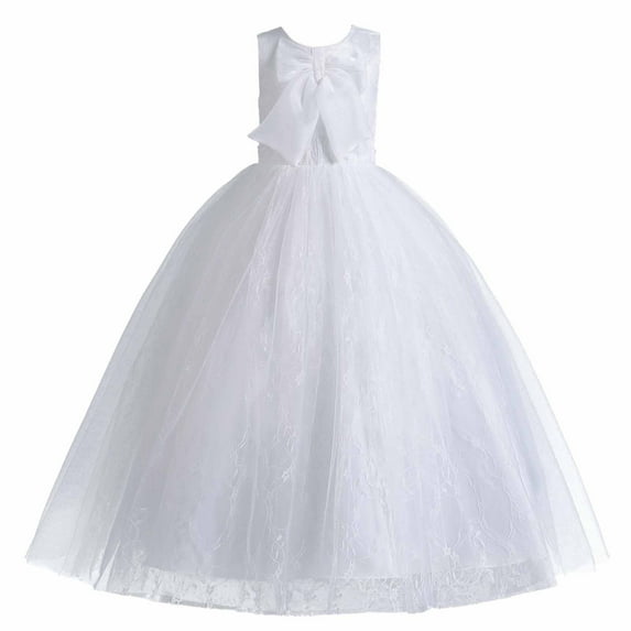 REORIAFEE Summer Girls Dress Lace Junior Bridesmaid Dress Sleeveless Lace Bow Mesh Dress Gauze Dress Princess Dress White 13-14 Years