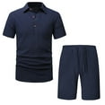 thumbnail image 1 of REORIAFEE Summer Outfits for Men Disco Outfit Men Casual Patchwork Turn down Collar Short Sleeve Set Blouse Short Pants Suit Navy XXL, 1 of 5