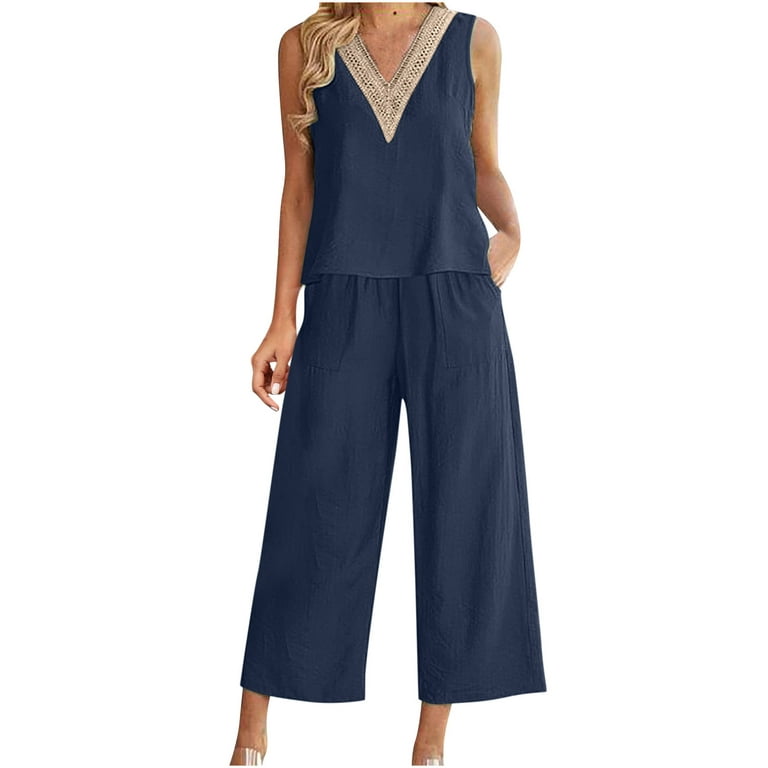 REORIAFEE Summer Outfits for Women Casual Vacation Beach Outfit 2PC Fashion  Women's V Neck Sleeveless Top + Loose Pocket Pants Suit Navy XXL 