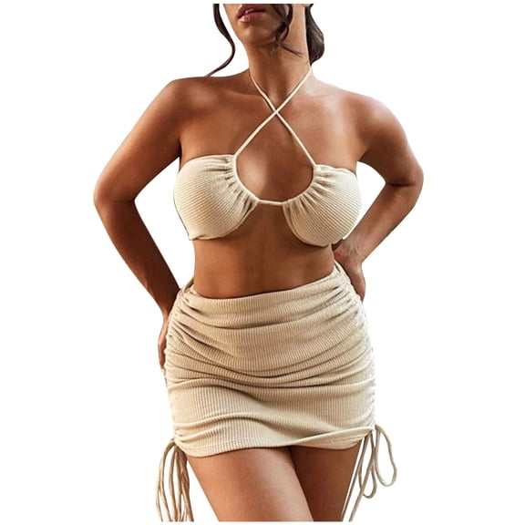 REORIAFEE Summer Outfits for Women Set Festival Outfit Fashion Women Backless Sleeveless Sexy Drawstring Dresses Shirts Sets Khaki M