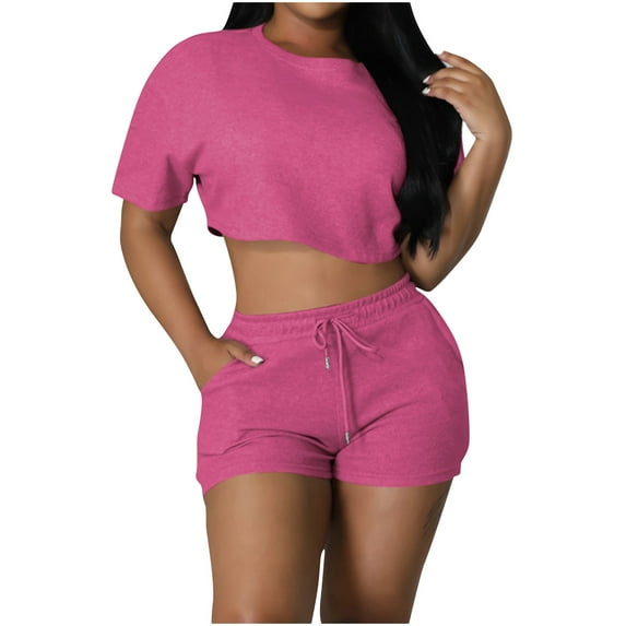 REORIAFEE Summer Two Piece Outfits for Women Casual Vacation Workout Outfits Fashion Women's Short Sleeve Round Neck Elastic Casual Blouse Shirts Sets Pink L