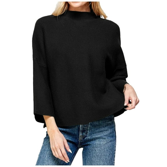 REORIAFEE Sweaters for Women Fall 2023 Knit Pullover Sweater Tops Jumper Long Sleeve Crewneck Solid Color Sweater Trendy Fashion Knit Pullover Modern Pullover Black M