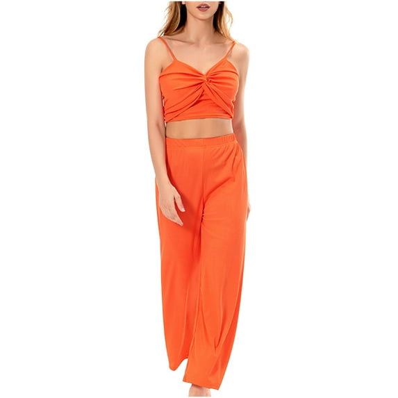 REORIAFEE Sweatsuits for Women Set 2 Piece Tracksuit Set Gym Outfits Women's Fashion Sexy Summer Casual Sleeveless V Neck Blouses Trousers Two Piece Set Orange L