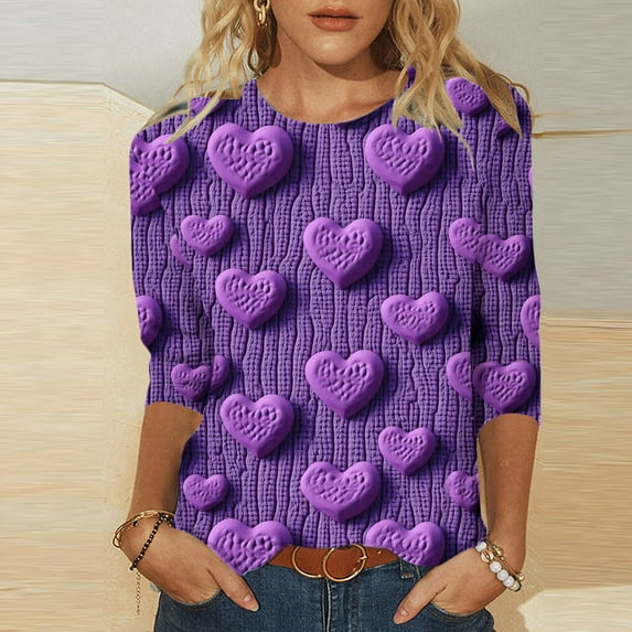 REORIAFEE T Shirts for Women Valentine's Day Heart Prints 3/4 Sleeve T-Shirts Gifts Crew Neck Casual Tees Novelty Fashion Tops Blouse Purple M