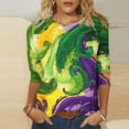 thumbnail image 1 of REORIAFEE Tees for Women Mardi Gras Green Purple Yellow 3/4 Sleeve Shirts Crewneck Carnival Fancy Tees Theme Party Funny Tops Loose Blouse Green L, 1 of 5