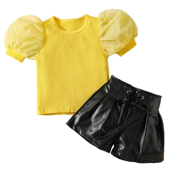 REORIAFEE Toddler Girl Summer Outfits Clothes Girls Set Disco Outfit Toddler Kids Baby Girls Puff Sleeve Tops + Lace Up Shorts Outfits Set Yellow 4-5 Years