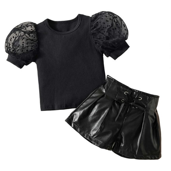 REORIAFEE Toddler Girl Summer Outfits Floral Clothes Yoga Set Toddler Kids Baby Girls Puff Sleeve Tops + Lace Up Shorts Outfits Set Black 6-7 Years