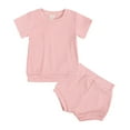 thumbnail image 1 of REORIAFEE Toddler Kids Girls 2 Piece Outfits Short Sleeve Tee and Short Set Ribbed Suits Outfit Solid Color Cotton Set Crewneck Cute Summer Spring Clothing Size 80 Pink, 1 of 2