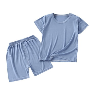 REORIAFEE Toddler Kids Girls Boys 2 Piece Outfits Short Sleeve Tee and Short Set Suits Outfit Solid Color Set Round Neck Cute Summer Spring Clothing 2024 Fashion Trendy Size 6-12M Blue
