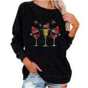 REORIAFEE Tops for Women Dressy Christmas Holiday T-Shirts Xmas Tree Santas Print Tee Shirt Western Tops Long Sleeve Round Neck Tops Shirt Christmas Graphic Blouse Black L