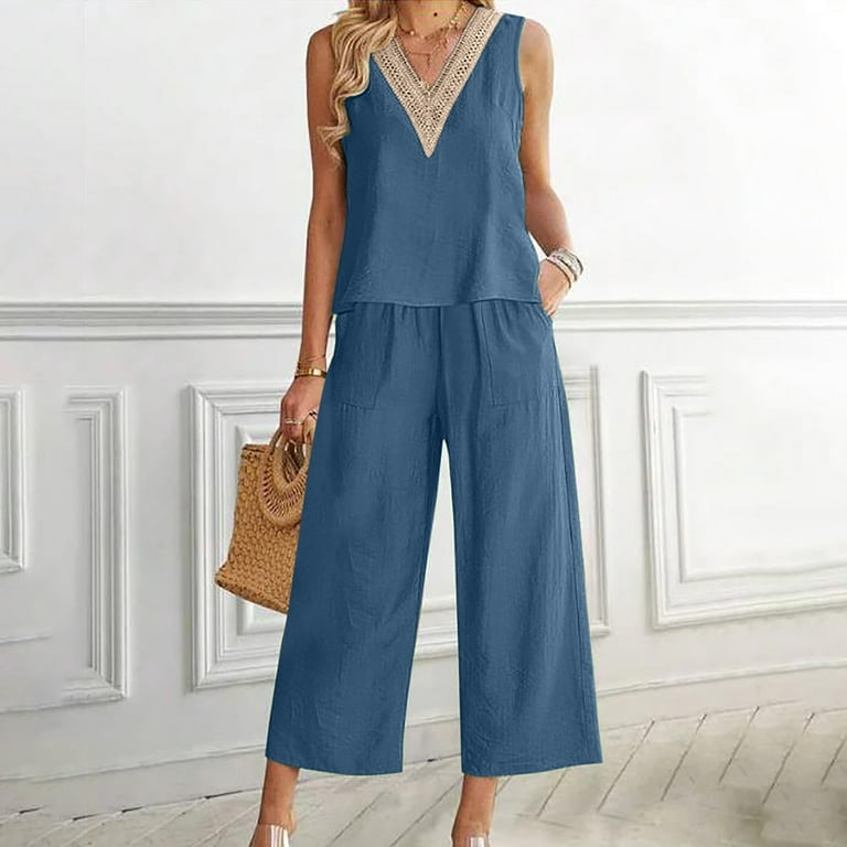 REORIAFEE Travel Outfits for Women 2 Piece Outfits Plus Size 2PC V Neck  Solid Sleeveless Top + Loose Pocket Pants Suit Blue M 