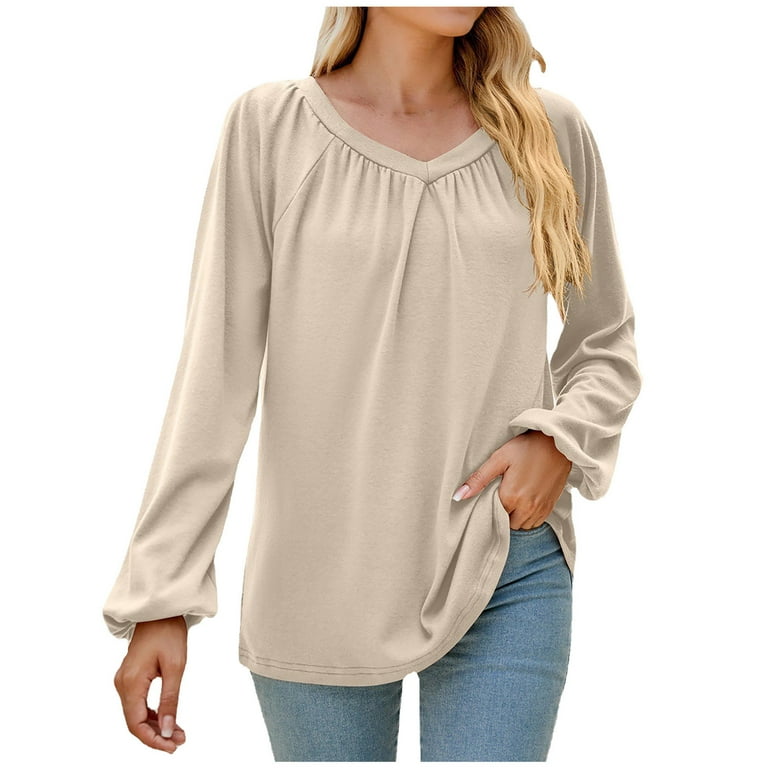 REORIAFEE Trendy Fall Clothes for Women 2022 Tiktok Casual Shirt V-Neck  Ruffle Tops Beige L