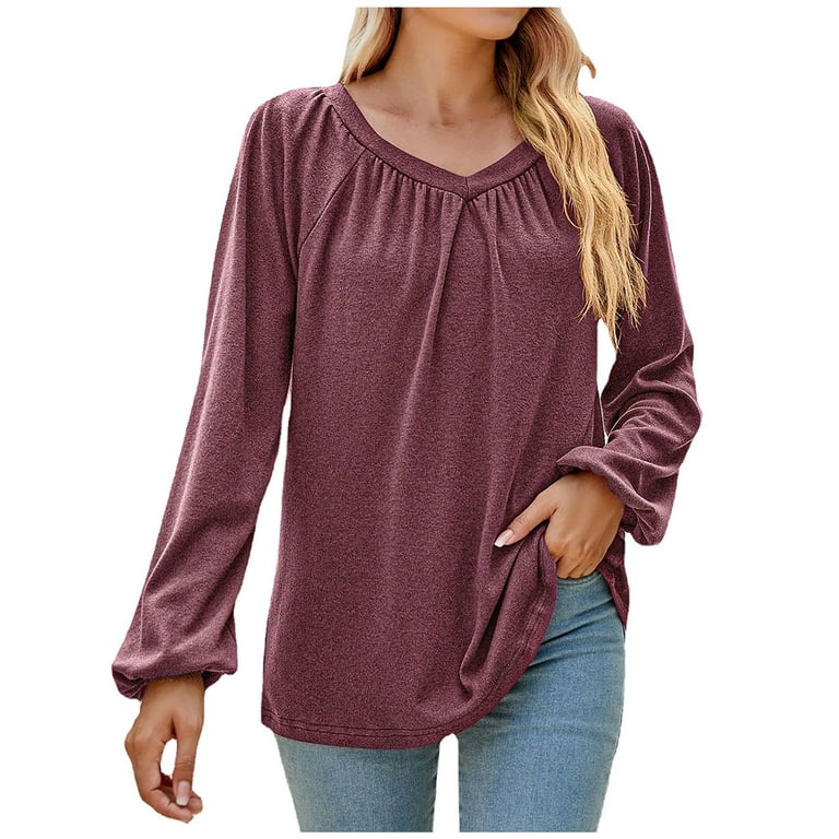 REORIAFEE Trendy Fall Clothes for Women 2022 Tiktok Casual Shirt V-Neck  Ruffle Tops Purple XL