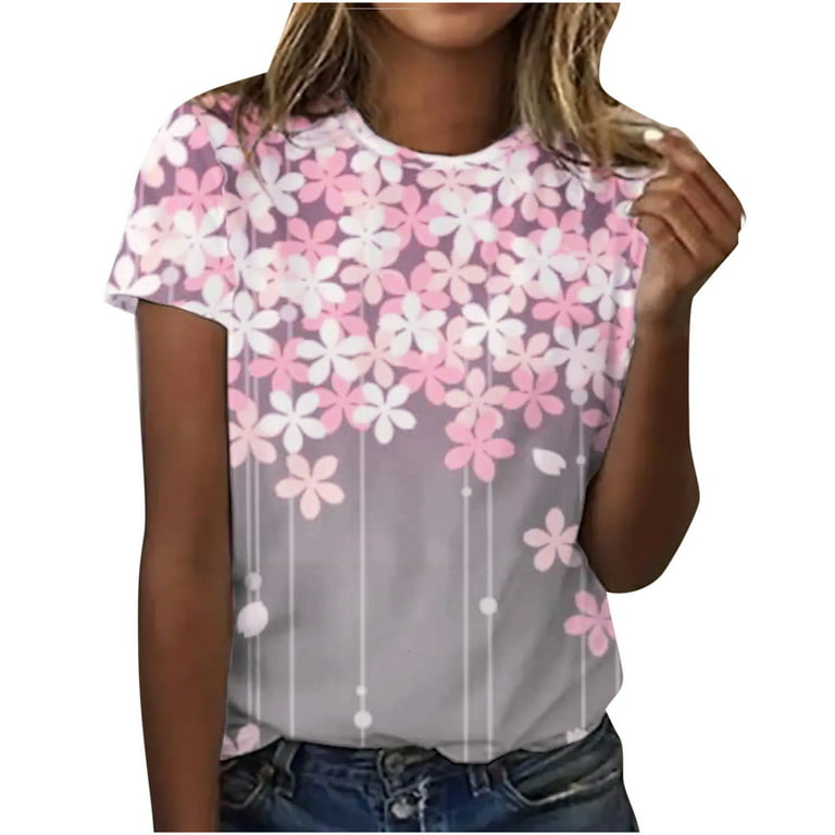 REORIAFEE Trendy Summer Clothes for Women 2023 Tiktok Casual Loose Floral  Print Crewneck Short Sleeve T-Shirt Tops Retro Sweatshirt Pink S