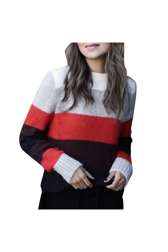 Trendy Sweaters for Women 2022 Rainbow Striped Short Knit Sweater Red S