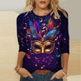 thumbnail image 1 of REORIAFEE Tshirts for Women Graphic Mardi Gras Mask Printing 3/4 Sleeve Shirts Round Neck Carnival Fancy Tees Theme Party Fashions Tops Loose Blouse Blue XL, 1 of 5