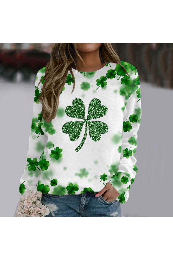 Tunic Tops for Women Plus Size Long Sleeve St. Patrick's Day Leaves Printing Tops Loose Round Neck Shirts Party Trendy Tees Green XXXL