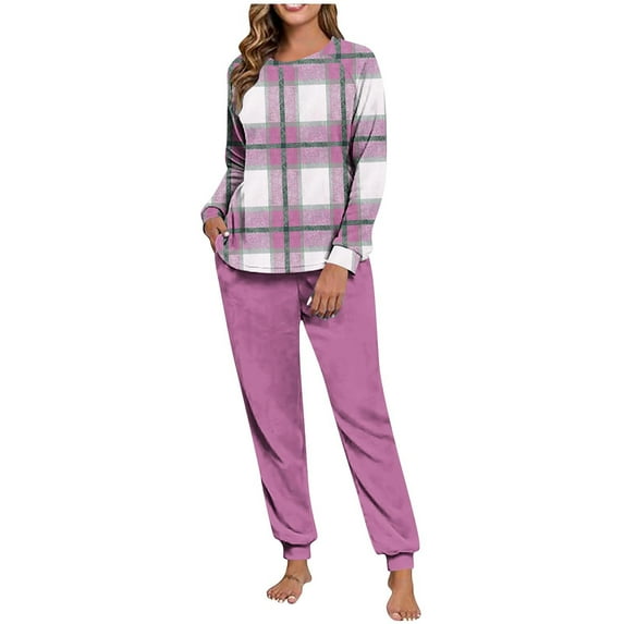 REORIAFEE Two Piece Lounge Set for Women 2 Piece Fleece Warm Pajama Long Sleeve Top and Jogger Plaid Soft Sleepwear Pink S-2XL