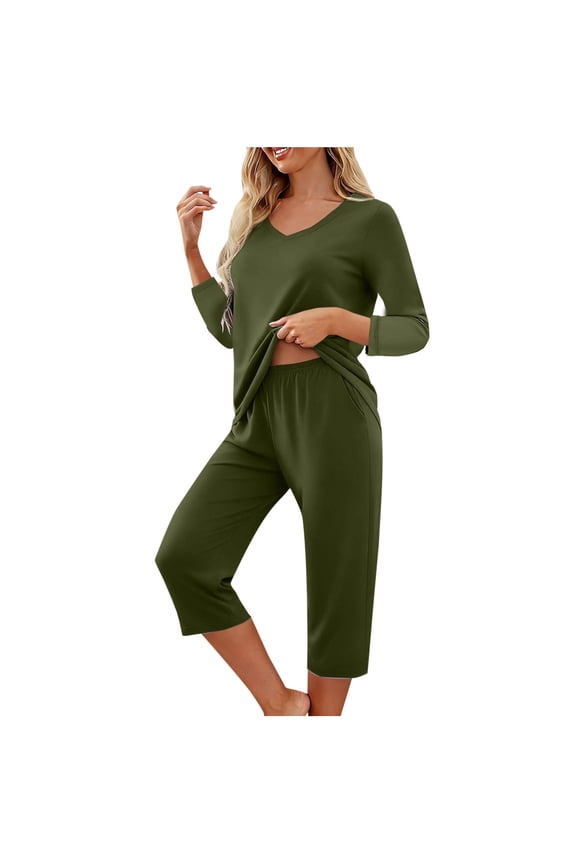 Two Piece Lounge Set for Women Long Sleeve 2 Piece Pajama with Pockets Top and Capri Pant Solid Color Soft Sleepwear Army Green S-2XL