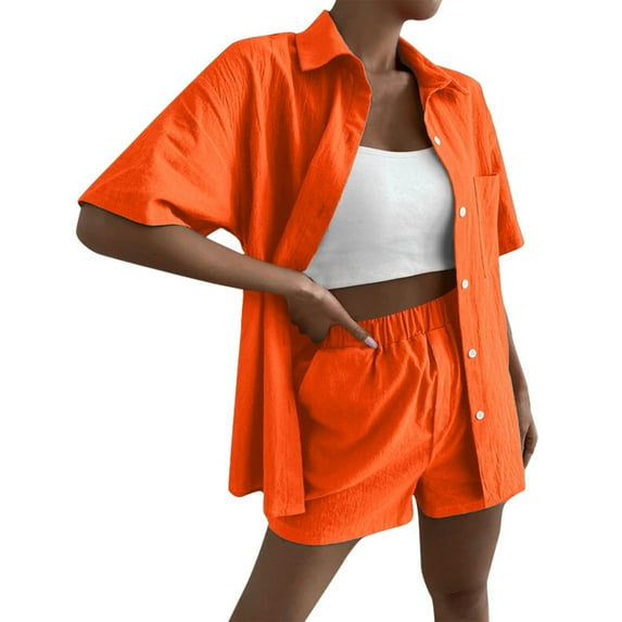 REORIAFEE Two Piece Outfits Women Shorts Cotton Linen Short Sleeve Button Down Shirts and Shorts Solid Color Suits with Pocket Graduation Suit Orange M