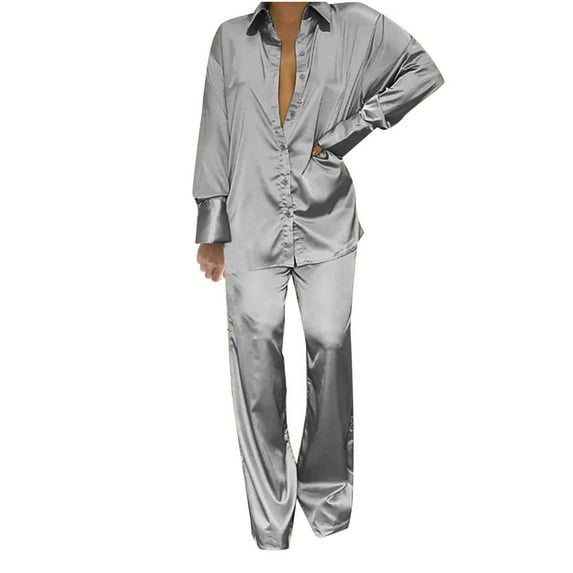 REORIAFEE Two Piece Outfits for Women Summer 2 Piece Outfits Matching Sets 90s Themed Party Outfits Two Piece Women's Casual Turn down Collar Long Sleeve Shirt Tops Trousers Set Suit Gray XL