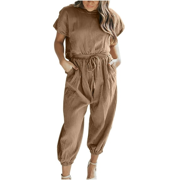 REORIAFEE Two Piece Outfits for Women Summer Casual Lounge Sets Yoga Set Women's Two Piece Cotton Linen Short Sleeve Round Neck Tops Pants Set Khaki S