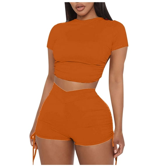 REORIAFEE Two Piece Outfits for Women Summer Loungewear 70s Outfits Fashion Women Sexy Short Sleeve Round Neck Drawstring Pants Shirts Sets Orange XL