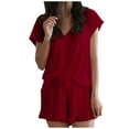 thumbnail image 1 of REORIAFEE Two Piece Sets for Women Summer Casual Elegant 2 Piece Sets for Beach Work Beach Outfit Fashion Women Casual Short Sleeve V Neck Tops Nightwear Shorts Sleepwear Sets Wine XXL, 1 of 9
