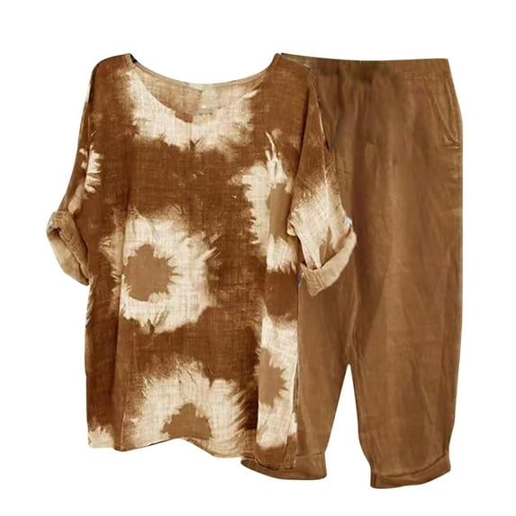 REORIAFEE Two Piece Summer Sets for Women Gym Set Women's Summer Print Set Short Sleeve Round Neck Tops + Double Pocket Pants Set Coffee XXXL