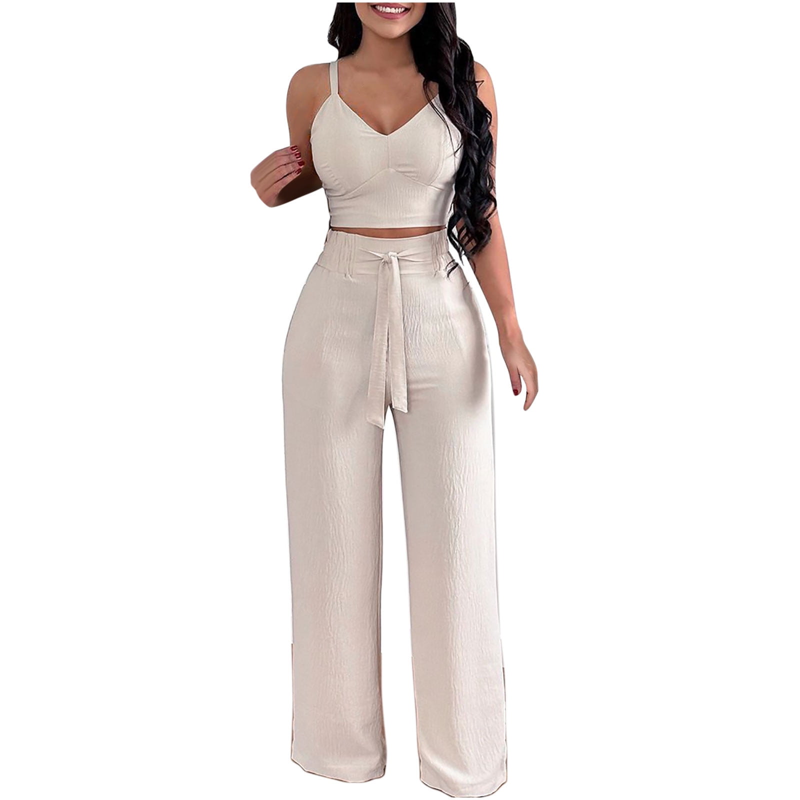 REORIAFEE Vacation Outfits for Women Set Festival Outfits Women's Two Piece  Cotton Linen Pleated Suspender Top Wide Leg Pants Fashion Casual Set Beige