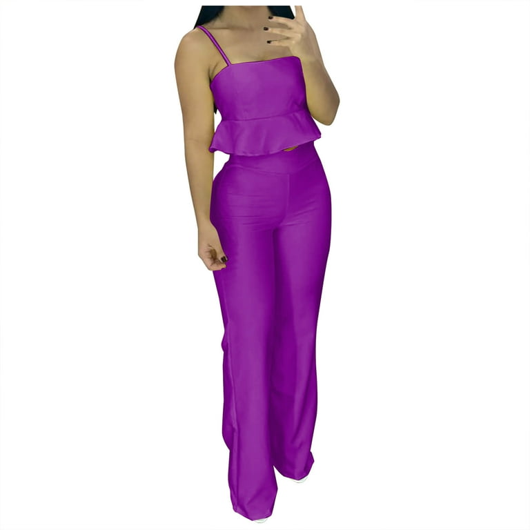 REORIAFEE Vacation Outfits for Women Set Country Concert Outfit Fashion  Women Summer Square Neck Casual Sleeveless Top + Pant Set Purple M 
