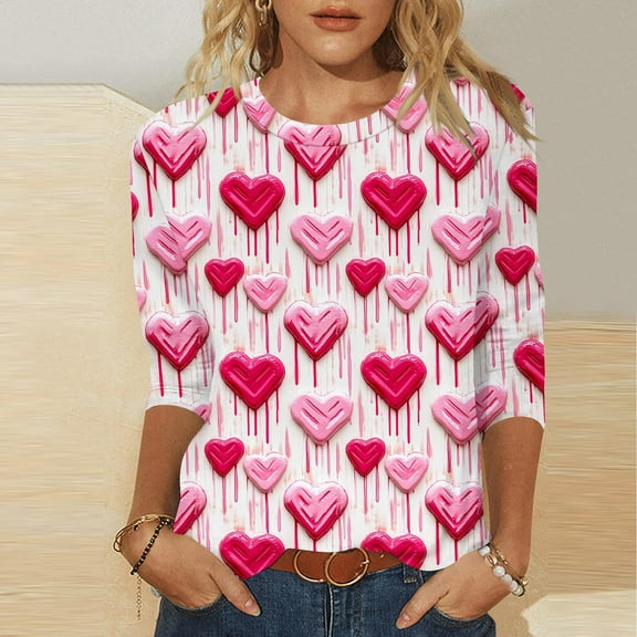 REORIAFEE Valentines Day Shirts Women Pink Love Graphic 3/4 Sleeve T Shirts Gifts Crew Neck Casual Tees Novelty Fashion Tops Blouse Pink M