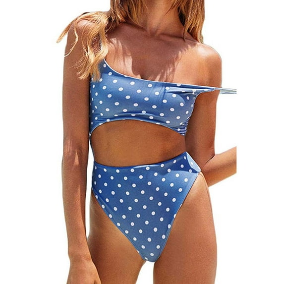 REORIAFEE Vintage Swimsuit for Women Fashionable Beachwear Scoop Neck Cut Out Front Lace Up High Cut Monokini One Piece Swimsuit Blue L