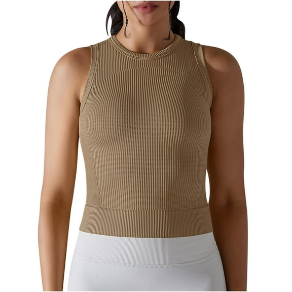 REORIAFEE White Ribbed Tank Top Woman Sleeveless Tops High Neck Tanks Quick Dry Yoga Shirts Solid Color Pullover Shapewear Thick Strap Vest Summer Going Out Fashion Clothing Khaki