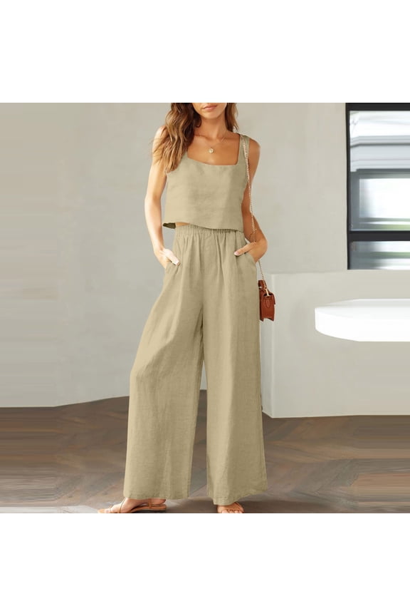 Wide Leg Pants Sets Women 2 Piece Outfits Plus Size Business Casual Outfits 2 Piece Suit Linen Shorts Sleeveless Top Vest Crewneck Top Suit Khaki S