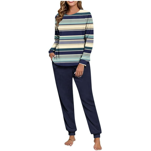 REORIAFEE Winter Lounge Sets for Women 2 Piece Fleece Warm Pajama Long Sleeve Top and Jogger Striped Soft Sleepwear Blue S-2XL