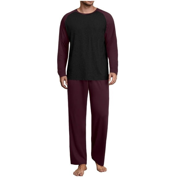 REORIAFEE Winter Pajamas for Men Set 2 Piece Big and Tall Loungewear Long Sleeve Top Pant Color Block Soft Sleepwear Wine S-3XL