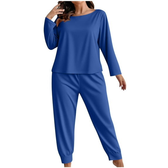 REORIAFEE Winter Pajamas for Women Set 2 Piece Plus Size Loungewear Long Sleeve Top and Pant Solid Color Soft Sleepwear Blue XL-5XL