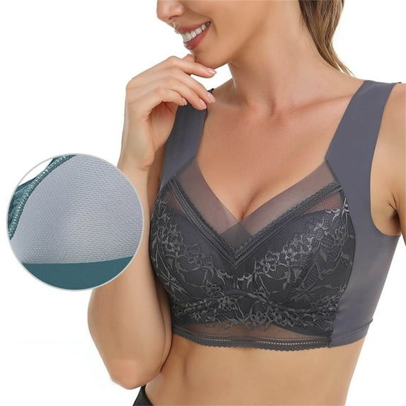 REORIAFEE Wireless Bras for Women Padded Lace Trim Everyday Bras for Older People Bras Scoop Neck Comfy Corset Bra Wide Strap Bra Lightly Lined Classic Seamless Brassiere Anti-Sagging Bra