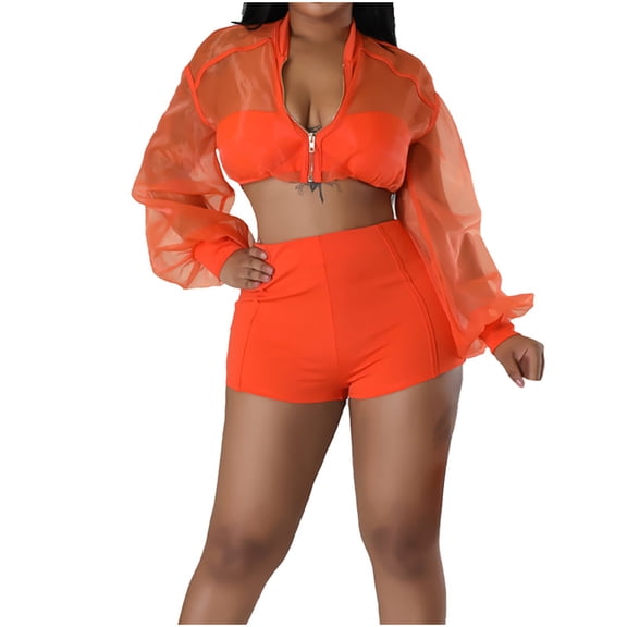 REORIAFEE Women 2 Piece Casual Tracksuit Outfit Set Summer Lounge Set Fashion Women's Short Sleeve Round Neck Elastic Sequin Blouse Shirts Sets Orange XL