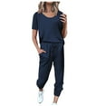 thumbnail image 1 of REORIAFEE Women 2 Piece Lounge Sets Sweatsuit Outfit 70s Outfits Fashion Women Summer Button Casual Short Sleeve Top + Pant Set Navy S, 1 of 5